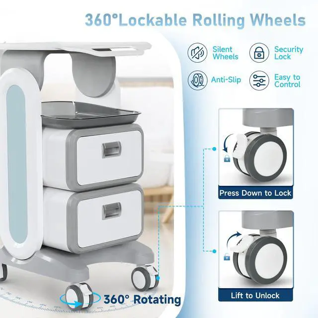Alt view image 4 of 6 - Medical Trolley Cart with 2 Drawers, Mobile Ultrasound Rolling Cart with Wheels and Trays, 150 LBS MAX Load Utility Storage Trolley for Hospital Dental Clinic Beauty Salon