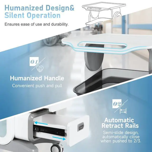 Alt view image 6 of 6 - Medical Trolley Cart with 2 Drawers, Mobile Ultrasound Rolling Cart with Wheels and Trays, 150 LBS MAX Load Utility Storage Trolley for Hospital Dental Clinic Beauty Salon