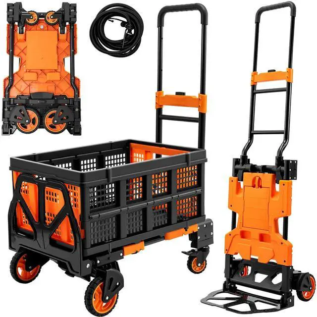Main image of 2 in 1 Folding Hand Truck with Collapsible Crate, 400 LBS Capacity Dolly Cart with Wheels, Hand Truck Dolly with 3-Position Height-Adjustable Handle, 59 Bungee Cord with Hooks is Included