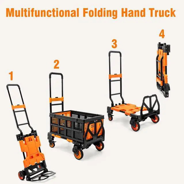 Alt view image 2 of 6 - 2 in 1 Folding Hand Truck with Collapsible Crate, 400 LBS Capacity Dolly Cart with Wheels, Hand Truck Dolly with 3-Position Height-Adjustable Handle, 59 Bungee Cord with Hooks is Included
