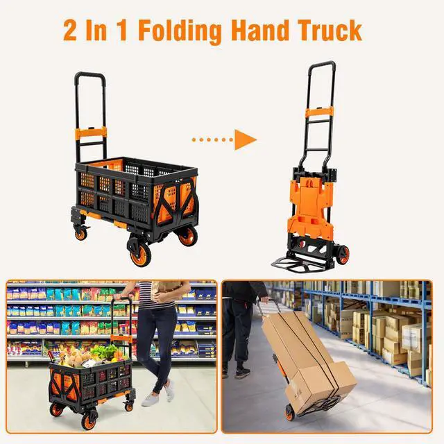 Alt view image 3 of 6 - 2 in 1 Folding Hand Truck with Collapsible Crate, 400 LBS Capacity Dolly Cart with Wheels, Hand Truck Dolly with 3-Position Height-Adjustable Handle, 59 Bungee Cord with Hooks is Included