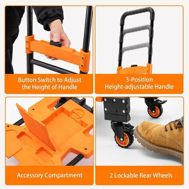 Alt view image 4 of 6 - 2 in 1 Folding Hand Truck with Collapsible Crate, 400 LBS Capacity Dolly Cart with Wheels, Hand Truck Dolly with 3-Position Height-Adjustable Handle, 59 Bungee Cord with Hooks is Included