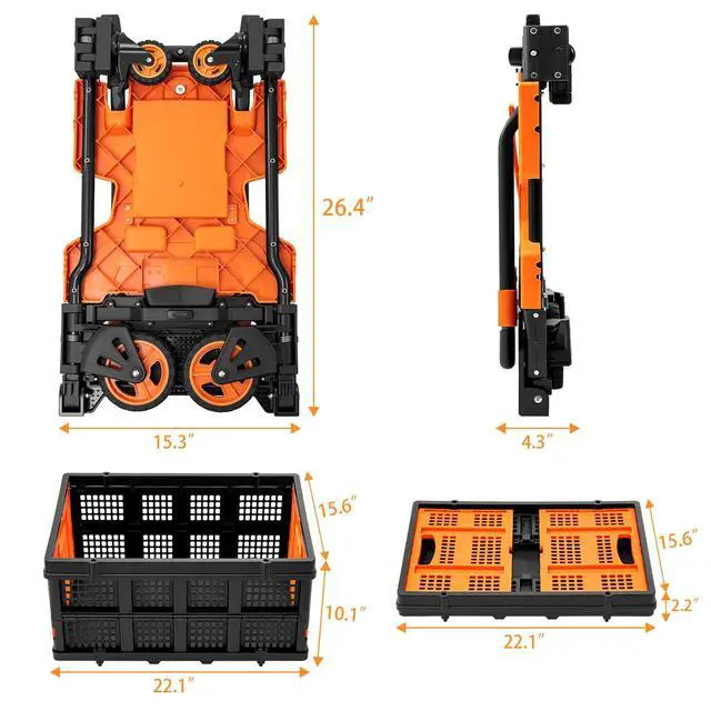 Alt view image 6 of 6 - 2 in 1 Folding Hand Truck with Collapsible Crate, 400 LBS Capacity Dolly Cart with Wheels, Hand Truck Dolly with 3-Position Height-Adjustable Handle, 59 Bungee Cord with Hooks is Included