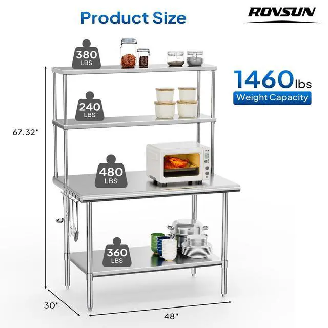 Alt view image 2 of 6 - All Stainless Steel Table with Overshelves 48" X 30", NSF Commercial Heavy Duty Pre Table with Adjustable Undershelf & Detachable Hooks for Kitchen Restaurant Hotel Garages