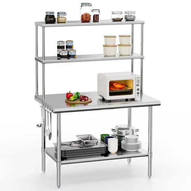 Alt view image 3 of 6 - All Stainless Steel Table with Overshelves 48" X 30", NSF Commercial Heavy Duty Pre Table with Adjustable Undershelf & Detachable Hooks for Kitchen Restaurant Hotel Garages