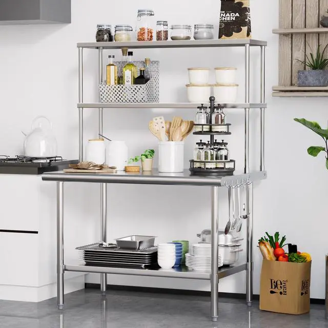 Alt view image 4 of 6 - All Stainless Steel Table with Overshelves 48" X 30", NSF Commercial Heavy Duty Pre Table with Adjustable Undershelf & Detachable Hooks for Kitchen Restaurant Hotel Garages