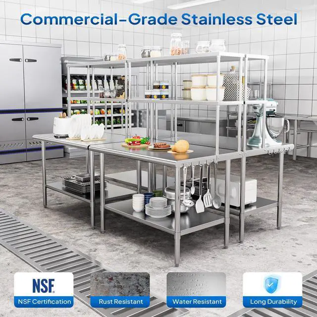 Alt view image 5 of 6 - All Stainless Steel Table with Overshelves 48" X 30", NSF Commercial Heavy Duty Pre Table with Adjustable Undershelf & Detachable Hooks for Kitchen Restaurant Hotel Garages