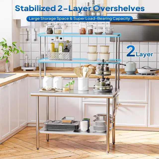 Alt view image 6 of 6 - All Stainless Steel Table with Overshelves 48" X 30", NSF Commercial Heavy Duty Pre Table with Adjustable Undershelf & Detachable Hooks for Kitchen Restaurant Hotel Garages