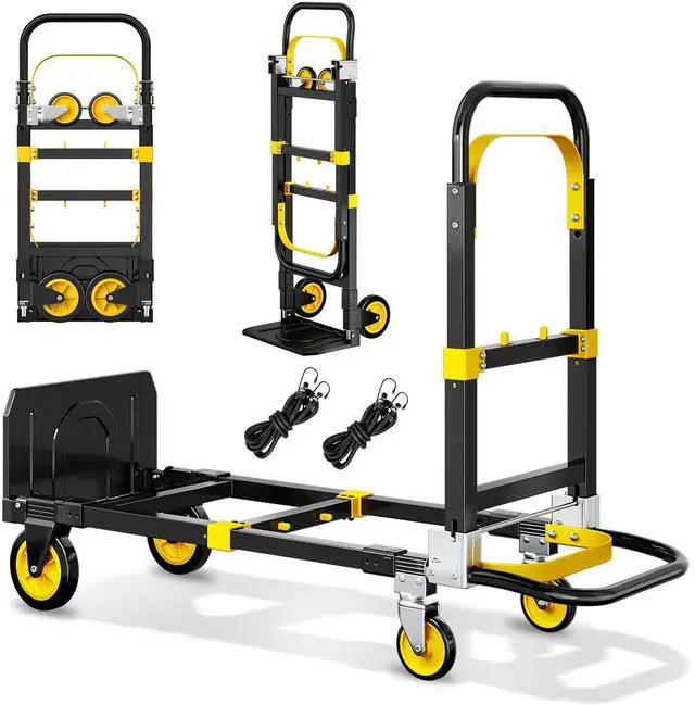 Main image of 3 in 1 Convertible Folding Hand Truck, 600LBS Heavy Duty Dolly Cart with Adjustable Handle, Rubber Wheels & Securing Straps, Portable Luggage Trolley for Warehouse/Supermarket/Office, Yellow-Black