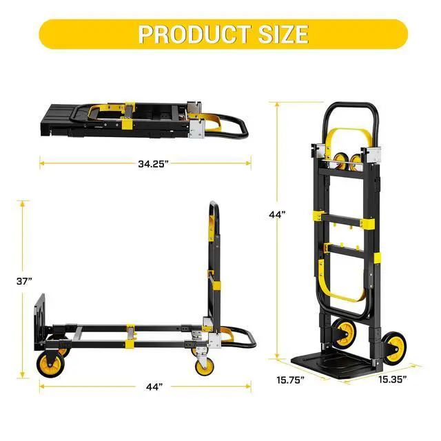 Alt view image 2 of 6 - 3 in 1 Convertible Folding Hand Truck, 600LBS Heavy Duty Dolly Cart with Adjustable Handle, Rubber Wheels & Securing Straps, Portable Luggage Trolley for Warehouse/Supermarket/Office, Yellow-Black
