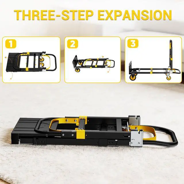 Alt view image 3 of 6 - 3 in 1 Convertible Folding Hand Truck, 600LBS Heavy Duty Dolly Cart with Adjustable Handle, Rubber Wheels & Securing Straps, Portable Luggage Trolley for Warehouse/Supermarket/Office, Yellow-Black