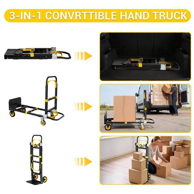 Alt view image 4 of 6 - 3 in 1 Convertible Folding Hand Truck, 600LBS Heavy Duty Dolly Cart with Adjustable Handle, Rubber Wheels & Securing Straps, Portable Luggage Trolley for Warehouse/Supermarket/Office, Yellow-Black
