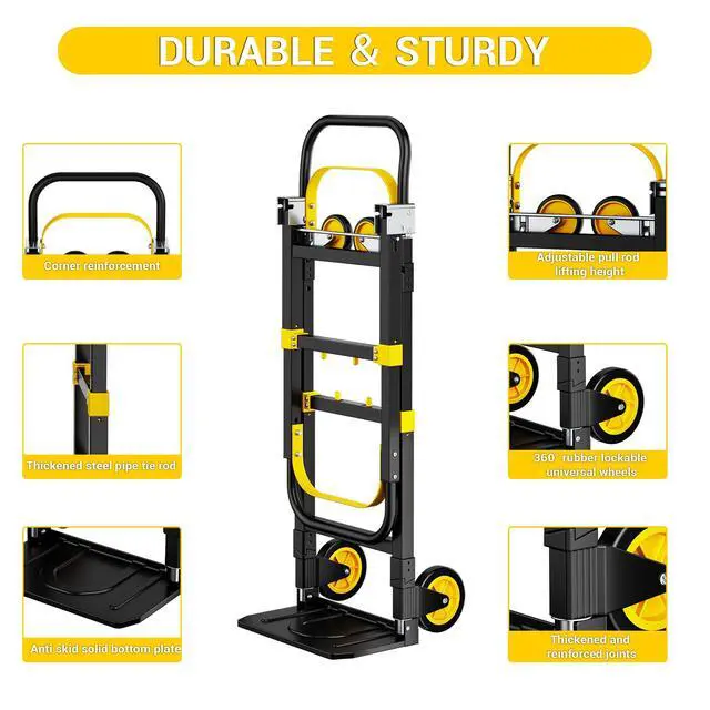Alt view image 5 of 6 - 3 in 1 Convertible Folding Hand Truck, 600LBS Heavy Duty Dolly Cart with Adjustable Handle, Rubber Wheels & Securing Straps, Portable Luggage Trolley for Warehouse/Supermarket/Office, Yellow-Black