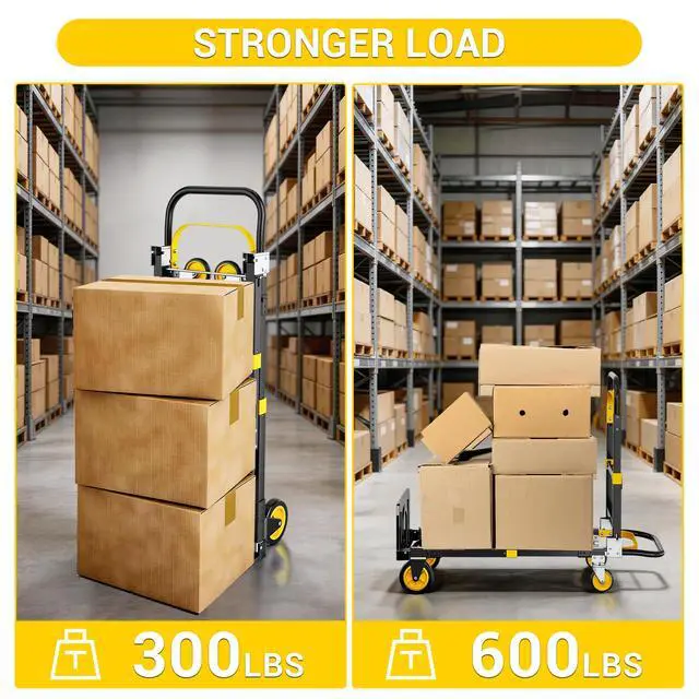 Alt view image 6 of 6 - 3 in 1 Convertible Folding Hand Truck, 600LBS Heavy Duty Dolly Cart with Adjustable Handle, Rubber Wheels & Securing Straps, Portable Luggage Trolley for Warehouse/Supermarket/Office, Yellow-Black