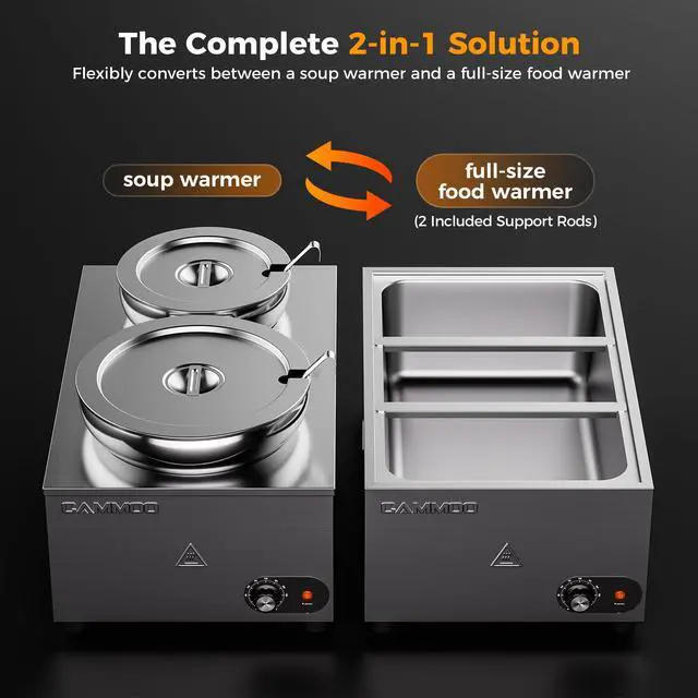 Alt view image 3 of 6 - 20qt 2-in-1 Electric Soup Warmer and Steam Table Food Warmer, 1200W Stainless Steel Bain Marie Pot, 86~185°F Adjustable Temp, Commercial Soup Kettle for Catering Restaurant Buffet