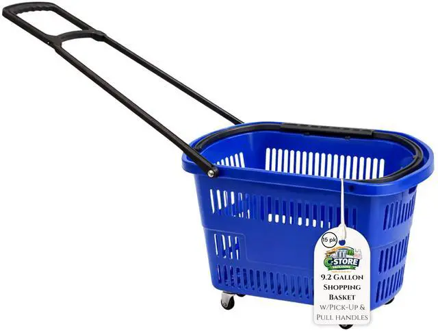 Main image of Rolling Shopping Basket with Wheels, 9.2 Gallon, Blue, Extendable Pull Handle, 60 LB Capacity, Heavy-Duty Plastic