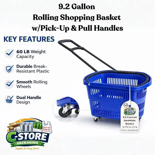 Alt view image 2 of 6 - Rolling Shopping Basket with Wheels, 9.2 Gallon, Blue, Extendable Pull Handle, 60 LB Capacity, Heavy-Duty Plastic