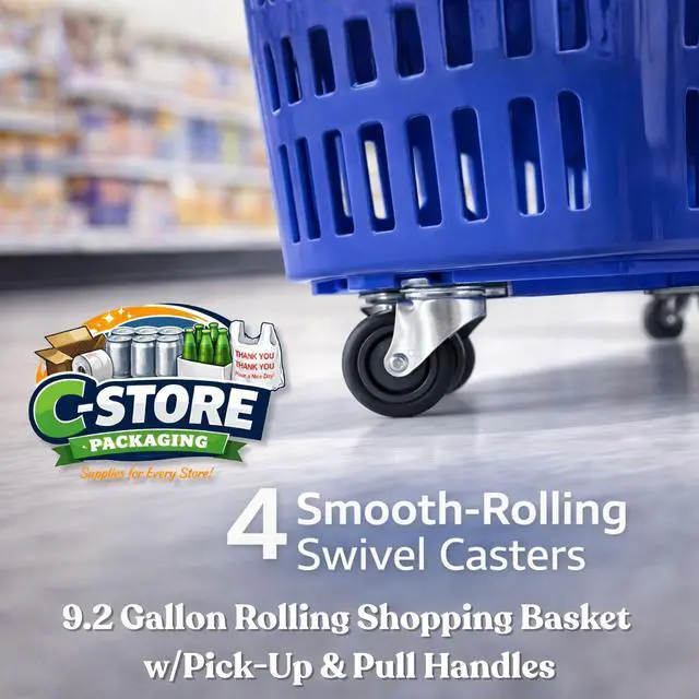 Alt view image 3 of 6 - Rolling Shopping Basket with Wheels, 9.2 Gallon, Blue, Extendable Pull Handle, 60 LB Capacity, Heavy-Duty Plastic
