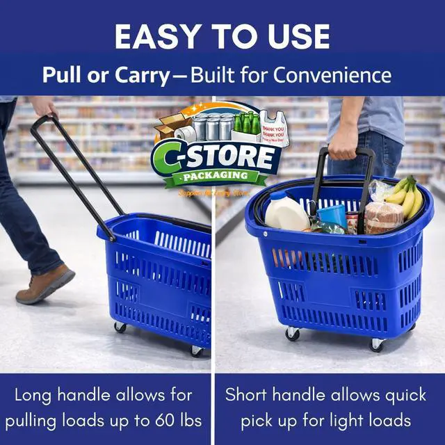 Alt view image 4 of 6 - Rolling Shopping Basket with Wheels, 9.2 Gallon, Blue, Extendable Pull Handle, 60 LB Capacity, Heavy-Duty Plastic