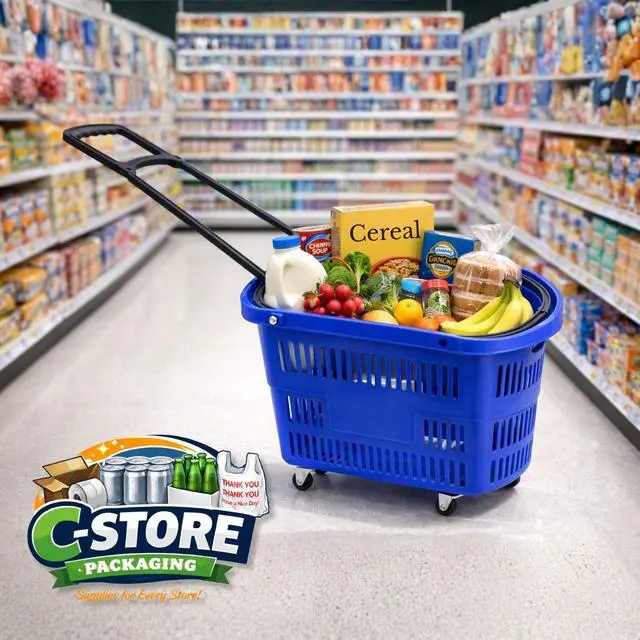 Alt view image 5 of 6 - Rolling Shopping Basket with Wheels, 9.2 Gallon, Blue, Extendable Pull Handle, 60 LB Capacity, Heavy-Duty Plastic