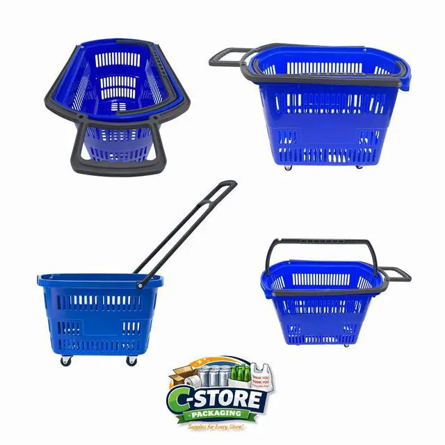 Alt view image 6 of 6 - Rolling Shopping Basket with Wheels, 9.2 Gallon, Blue, Extendable Pull Handle, 60 LB Capacity, Heavy-Duty Plastic