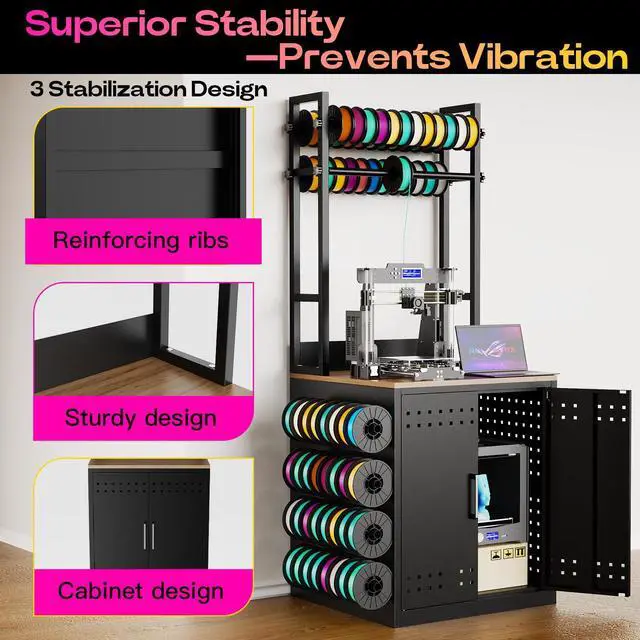 Alt view image 3 of 6 - 3D Printer Stand with Filament Storage Heavy Duty 3D Printer Table Workstation, Metal I-Beam Frame with Adjustable Filament Holders & Pegboard for Workshop Studio Home Office, Black