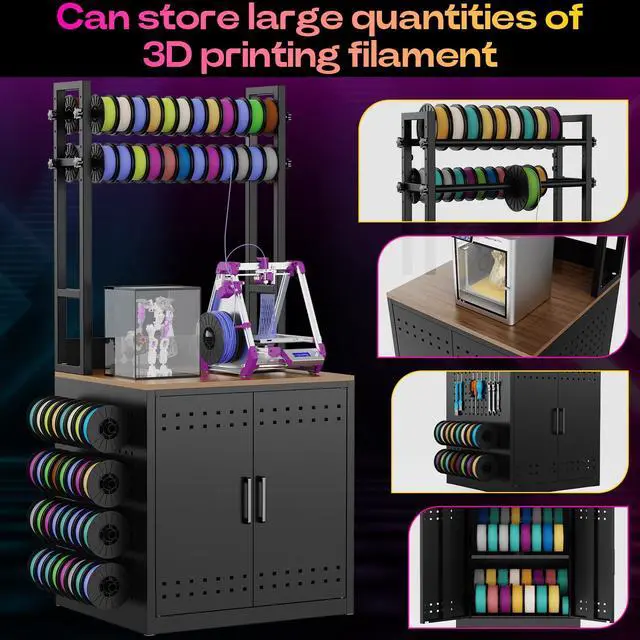 Alt view image 5 of 6 - 3D Printer Stand with Filament Storage Heavy Duty 3D Printer Table Workstation, Metal I-Beam Frame with Adjustable Filament Holders & Pegboard for Workshop Studio Home Office, Black
