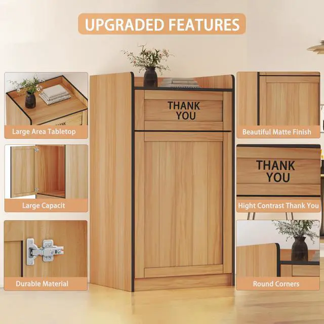 Alt view image 4 of 6 - 40 Gallon Trash Can Cabinet, Wooden Restaurant Trash Can with Tray Holder, Large Commercial Garbage Cabinet for Restaurant Cafeteria Office, Natual