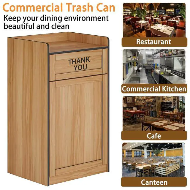 Alt view image 6 of 6 - 40 Gallon Trash Can Cabinet, Wooden Restaurant Trash Can with Tray Holder, Large Commercial Garbage Cabinet for Restaurant Cafeteria Office, Natual