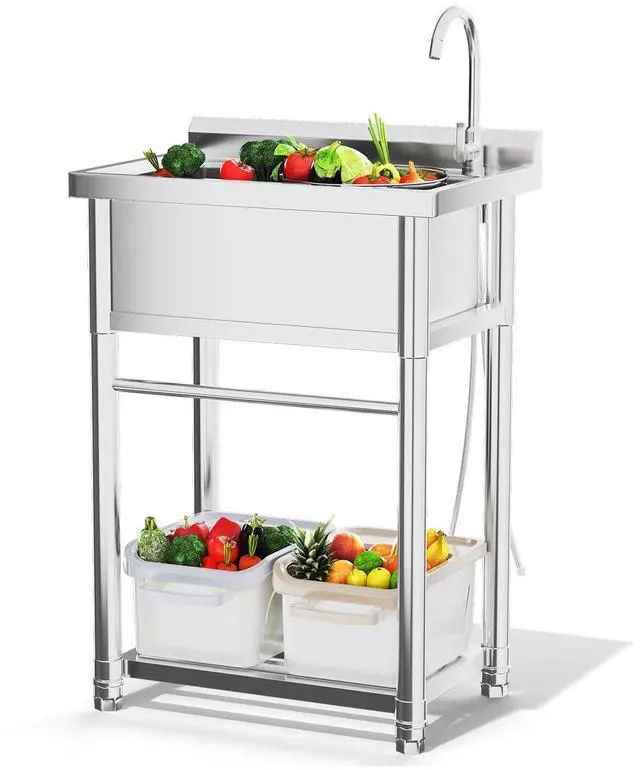 Main image of Stainless Steel Utility Sink, Free Standing Single Bowl Commercial Kitchen Sinks with Faucet & Shelf for Laundry Tub Restaurant Garage or Outdoor Use