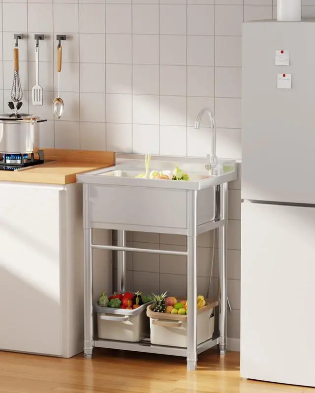 Alt view image 2 of 6 - Stainless Steel Utility Sink, Free Standing Single Bowl Commercial Kitchen Sinks with Faucet & Shelf for Laundry Tub Restaurant Garage or Outdoor Use