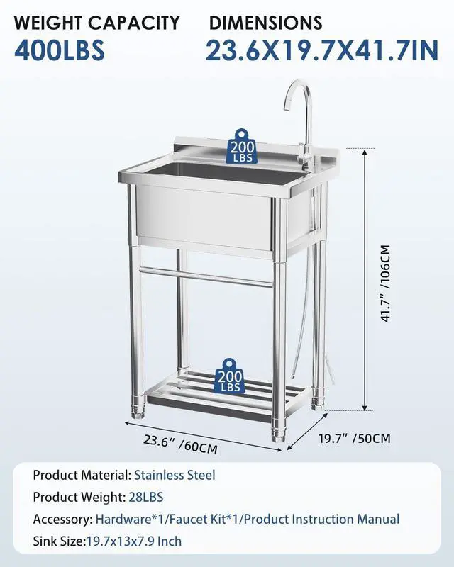 Alt view image 3 of 6 - Stainless Steel Utility Sink, Free Standing Single Bowl Commercial Kitchen Sinks with Faucet & Shelf for Laundry Tub Restaurant Garage or Outdoor Use