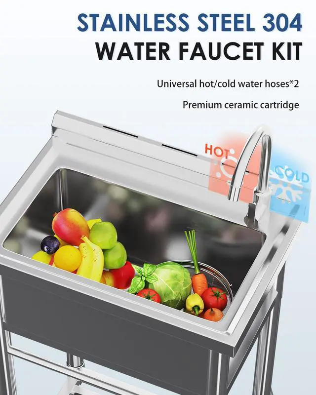 Alt view image 4 of 6 - Stainless Steel Utility Sink, Free Standing Single Bowl Commercial Kitchen Sinks with Faucet & Shelf for Laundry Tub Restaurant Garage or Outdoor Use