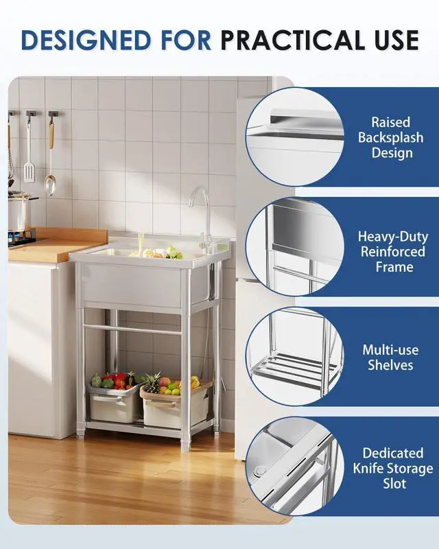 Alt view image 5 of 6 - Stainless Steel Utility Sink, Free Standing Single Bowl Commercial Kitchen Sinks with Faucet & Shelf for Laundry Tub Restaurant Garage or Outdoor Use