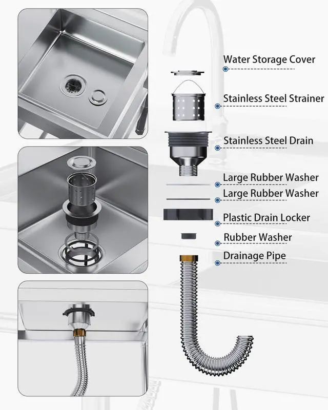 Alt view image 6 of 6 - Stainless Steel Utility Sink, Free Standing Single Bowl Commercial Kitchen Sinks with Faucet & Shelf for Laundry Tub Restaurant Garage or Outdoor Use