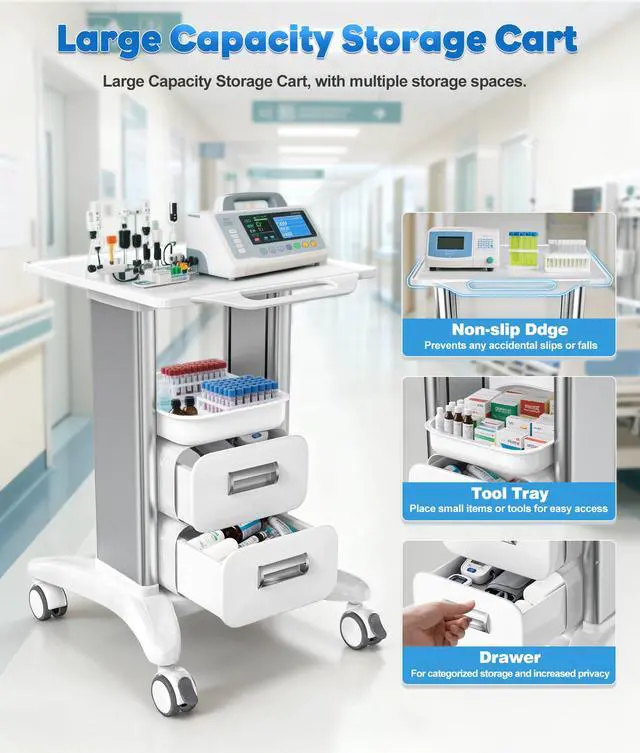 Alt view image 2 of 6 - Medical Trolley Cart with Drawers, Hospital Mobile Ultrasound Cart with Trays & 4 Silent Swivel Wheels, 220 LBS Load Portable Storage Drawer for Hospital, Dental Clinic, Beauty Salon
