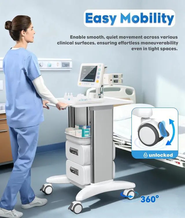 Alt view image 3 of 6 - Medical Trolley Cart with Drawers, Hospital Mobile Ultrasound Cart with Trays & 4 Silent Swivel Wheels, 220 LBS Load Portable Storage Drawer for Hospital, Dental Clinic, Beauty Salon