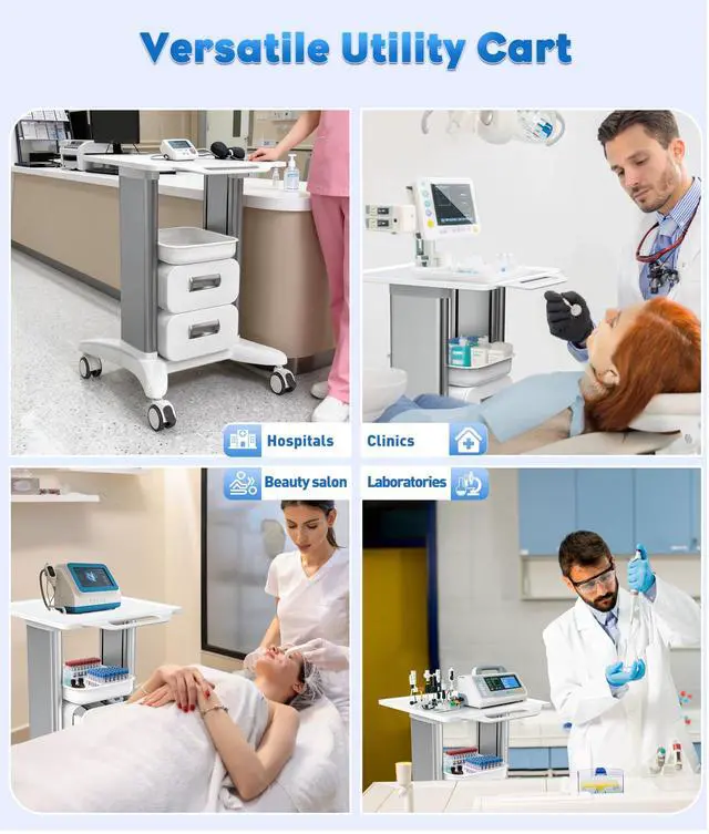 Alt view image 6 of 6 - Medical Trolley Cart with Drawers, Hospital Mobile Ultrasound Cart with Trays & 4 Silent Swivel Wheels, 220 LBS Load Portable Storage Drawer for Hospital, Dental Clinic, Beauty Salon