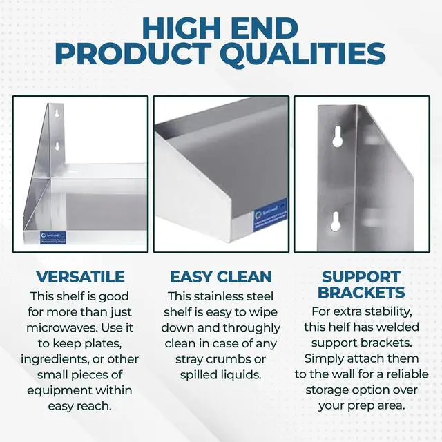 Alt view image 4 of 6 - Stainless Steel Wall Shelf with Side Guards | Premium Commercial Wall-Mounted Shelf | NSF Certified Metal Utility Storage for Kitchen, Garage, or Laundry (24" Long x 24" Deep)