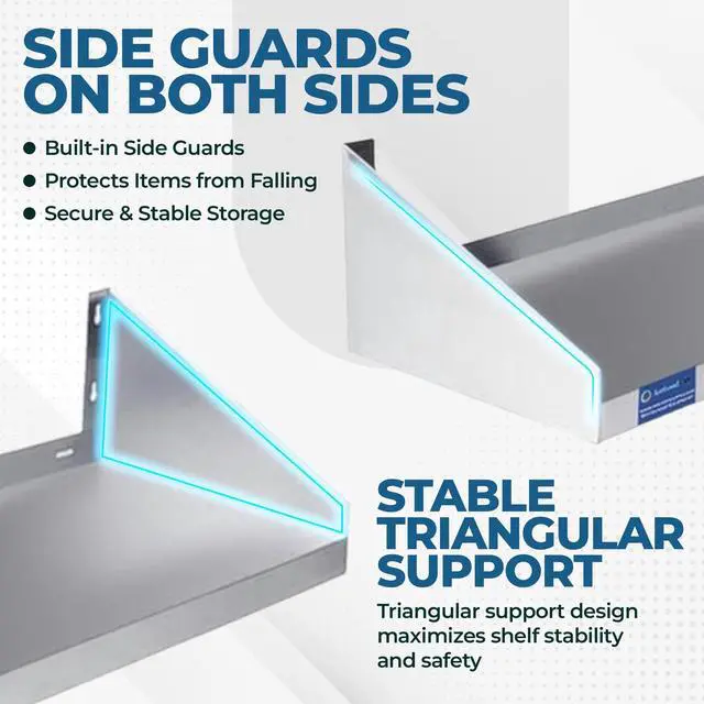 Alt view image 5 of 6 - Stainless Steel Wall Shelf with Side Guards | Premium Commercial Wall-Mounted Shelf | NSF Certified Metal Utility Storage for Kitchen, Garage, or Laundry (24" Long x 24" Deep)