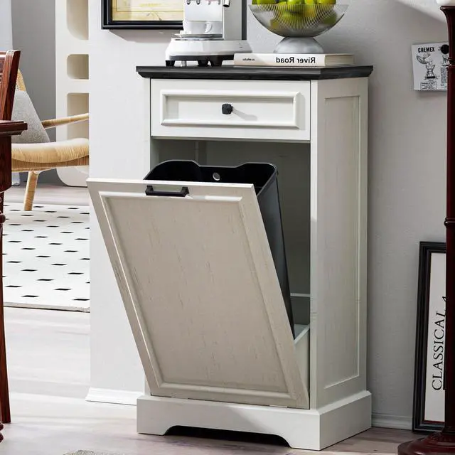 Main image of 13 Gallons Tilt Out Trash Can Cabinet Hidden Kitchen Waste Bins Free Standing Recycling Trash Cabinets with Drawer Pet Proof Trash Can for Kitchen and Living Room, Antique White and Black