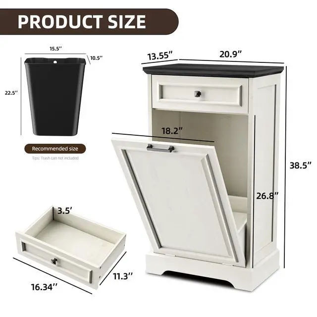 Alt view image 2 of 6 - 13 Gallons Tilt Out Trash Can Cabinet Hidden Kitchen Waste Bins Free Standing Recycling Trash Cabinets with Drawer Pet Proof Trash Can for Kitchen and Living Room, Antique White and Black