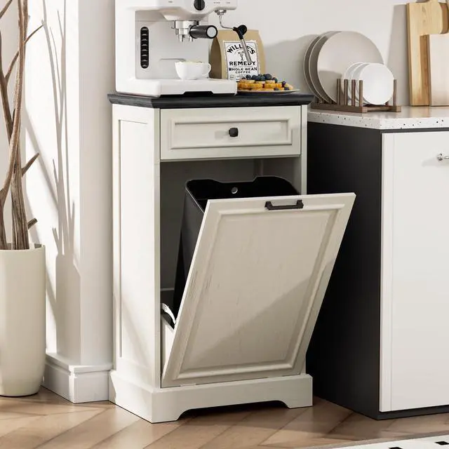Alt view image 3 of 6 - 13 Gallons Tilt Out Trash Can Cabinet Hidden Kitchen Waste Bins Free Standing Recycling Trash Cabinets with Drawer Pet Proof Trash Can for Kitchen and Living Room, Antique White and Black