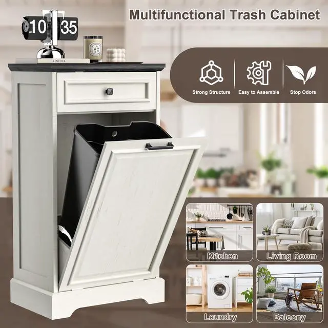 Alt view image 4 of 6 - 13 Gallons Tilt Out Trash Can Cabinet Hidden Kitchen Waste Bins Free Standing Recycling Trash Cabinets with Drawer Pet Proof Trash Can for Kitchen and Living Room, Antique White and Black