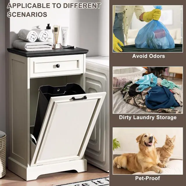 Alt view image 5 of 6 - 13 Gallons Tilt Out Trash Can Cabinet Hidden Kitchen Waste Bins Free Standing Recycling Trash Cabinets with Drawer Pet Proof Trash Can for Kitchen and Living Room, Antique White and Black