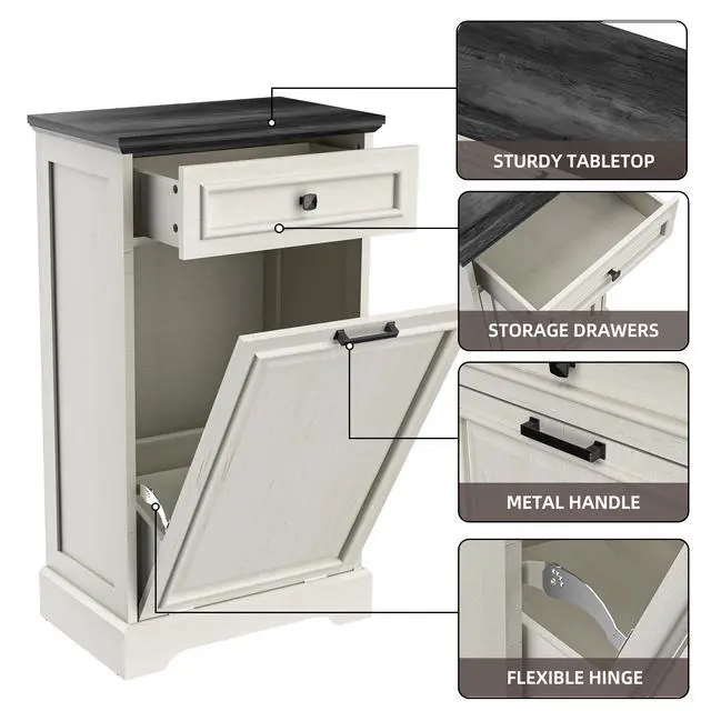Alt view image 6 of 6 - 13 Gallons Tilt Out Trash Can Cabinet Hidden Kitchen Waste Bins Free Standing Recycling Trash Cabinets with Drawer Pet Proof Trash Can for Kitchen and Living Room, Antique White and Black