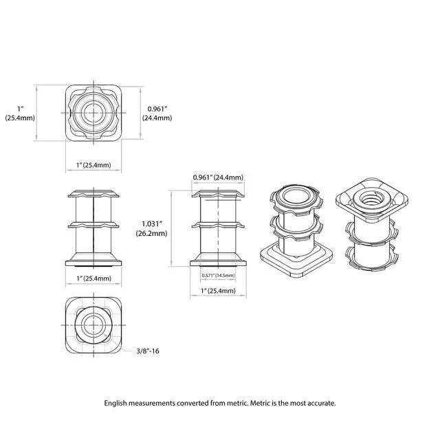 Alt view image 2 of 5 - Industries Double Star Threaded Caster Insert | Heat Treated Steel | Fits 1 Inch Square 16-18 Gauge Tube | Thread: 3/8-16 | 100 Pack