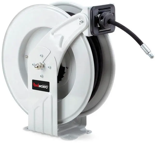 Main image of Grease-Hose-Reel Retractable 1/4" Inch x 50' Feet ELITE Long Premium Commercial SAE.100R2AT Hose MAX 5800 PSI Spring Driven Steel Construction Heavy Duty Industrial Dual Arm & Pedestal