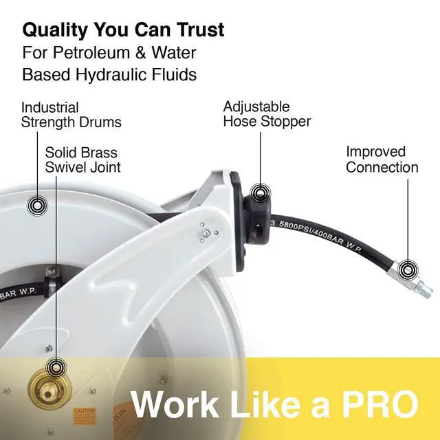 Alt view image 2 of 6 - Grease-Hose-Reel Retractable 1/4" Inch x 50' Feet ELITE Long Premium Commercial SAE.100R2AT Hose MAX 5800 PSI Spring Driven Steel Construction Heavy Duty Industrial Dual Arm & Pedestal