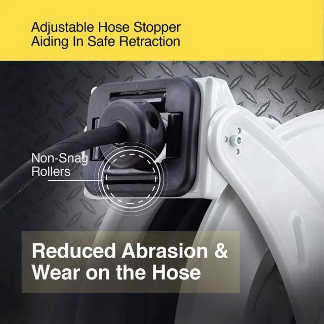 Alt view image 4 of 6 - Grease-Hose-Reel Retractable 1/4" Inch x 50' Feet ELITE Long Premium Commercial SAE.100R2AT Hose MAX 5800 PSI Spring Driven Steel Construction Heavy Duty Industrial Dual Arm & Pedestal